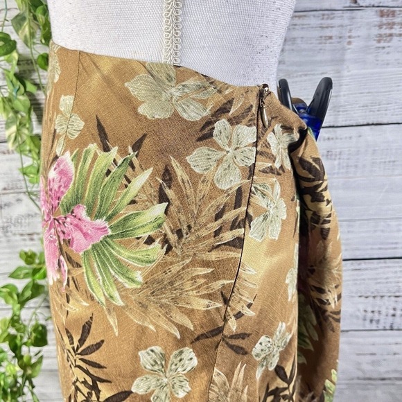 Charter Club Skirt size 16 Brown Green Pink Floral Linen Silk Bias A Line Knee - Picture 9 of 13